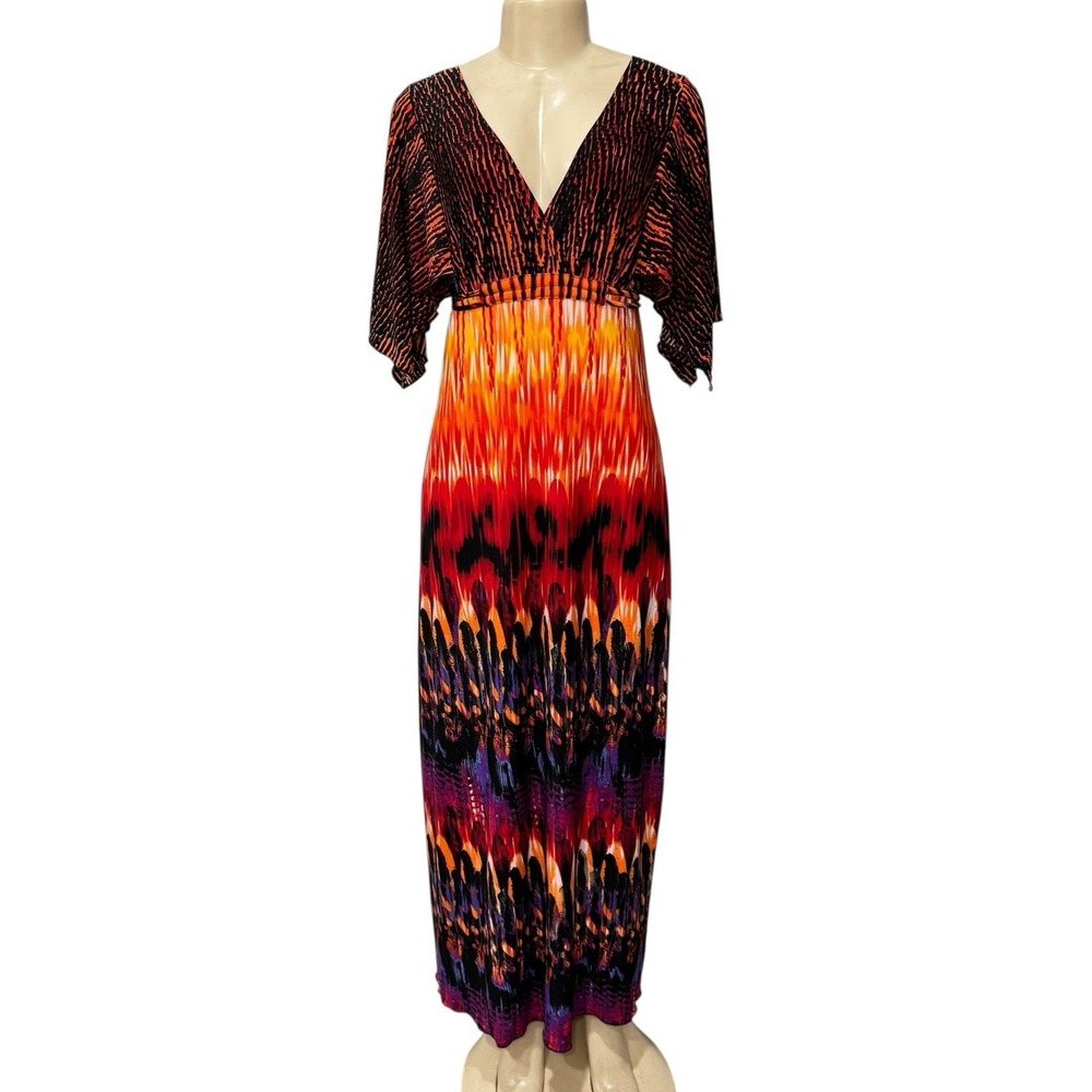 Valerie Bertinelli Chevron Maxi Dress Boho Chic Kimono Sleeve Colorful Jersey 12